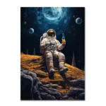 Astronaut sitting on the moon's surface holding a beverage bottle, with Earth and other planets visible in the starry sky background.
