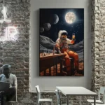 Artistic print of an astronaut in space, holding a test tube, with planets and moons in the background, displayed on a gallery wall.