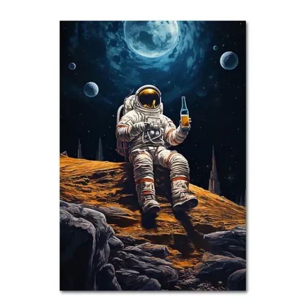 Astronaut sitting on the moon's surface holding a beverage bottle, with Earth and other planets visible in the starry sky background.