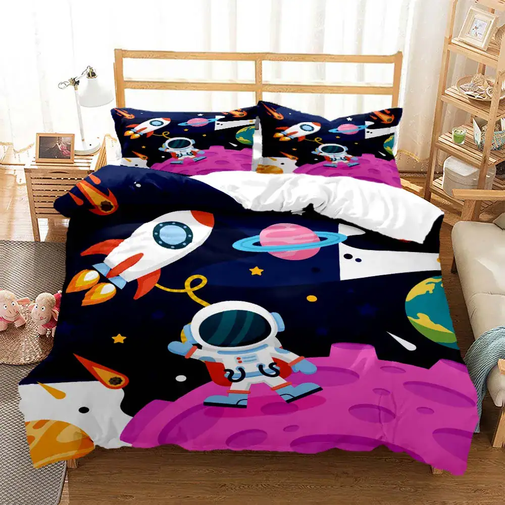 Space-themed bed linen with rockets and planets design Space-themed bedding set featuring rockets, planets, and stars for a vibrant bedroom decor.