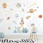 Colorful space exploration illustration featuring rockets, planets, and astronauts in a playful style.