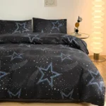 Luxurious galaxy-themed bedding set featuring star and comet patterns in shades of blue and white on a black background, perfect for space enthusiasts.