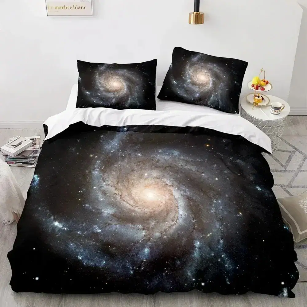 Galaxy Spiral Bedspread Set Galaxy spiral galaxy bedspread with matching pillowcases featuring cosmic nebula design.