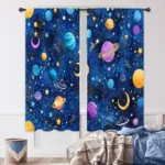 Vibrant galaxy-themed curtains featuring planets, stars, and moons, perfect for a child's space-themed bedroom decor. Bright colors and celestial designs create an inspiring atmosphere.