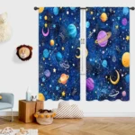 Colorful space-themed curtains featuring planets, stars, and moons, perfect for a child's room decor.