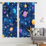 Vibrant space-themed curtains featuring planets, stars, and moons, perfect for a child's bedroom or playroom decor. Bright, playful design inspires curiosity about the universe.