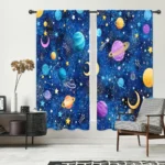 Space-themed curtains featuring colorful planets, stars, and moons on a deep blue background, perfect for a child's bedroom or playroom.