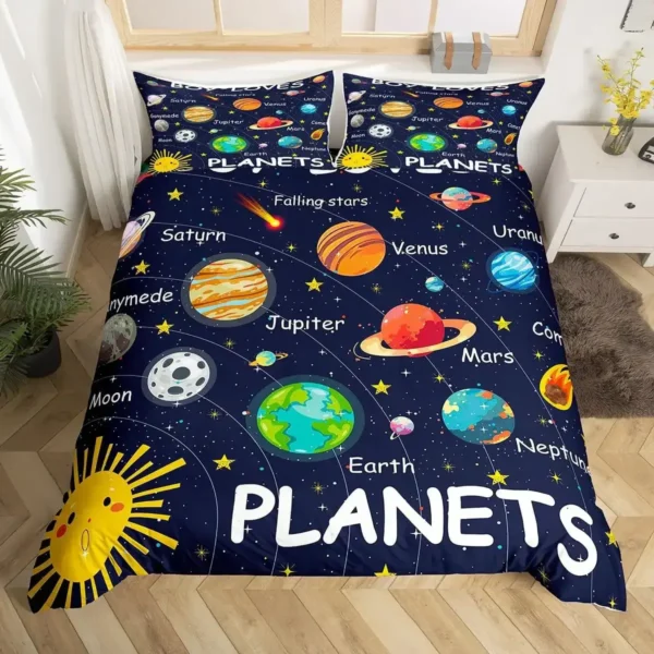 Vibrant space-themed bedding with planets, stars, and celestial bodies for children. Perfect for a science-inspired bedroom decor.
