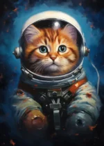 Astronaut kitten in space suit with helmet, exploring the universe.