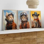 Adorable cat paintings with science and adventure themes, featuring cats in pilot gear and cowboy hats, perfect for science-inspired home decor and educational spaces.