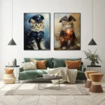 Two adorable cat portraits dressed as a police officer and a pirate, displayed as wall art in a modern living room. Perfect for cat lovers and fans of whimsical home decor.
