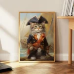 A whimsical painting of a cat dressed as a pirate, wearing a tricorn hat and a navy coat, standing on a ship deck with a nautical background.