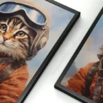 Artistic framed print of a cat wearing aviator goggles and an orange jacket, designed for home decor and educational purposes.