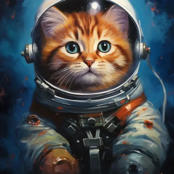 Astronaut kitten in space suit with helmet, exploring the universe.