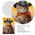 Cute cat dressed as a cowboy with hat and orange bandana, set against a desert background. Perfect for science decor and educational toys.