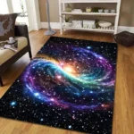 A vibrant galaxy-themed rug featuring a colorful cosmic swirl with stars, nebulae, and swirling patterns, perfect for adding a touch of space-inspired decor to any room.