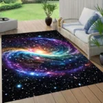 A vibrant galaxy-themed rug featuring swirling stars and cosmic colors, perfect for science-themed decor or educational spaces.