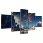 Multi-panel wall art featuring a stunning cosmic mountain landscape with stars, planets, and snow-capped peaks, perfect for science and space enthusiasts.