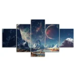 An artistic multi-panel wall decor featuring a cosmic landscape with mountains, stars, and planets, perfect for science and space enthusiasts.