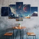 A multi-panel space-themed wall art featuring planets, stars, and mountains, perfect for science decor and educational settings.