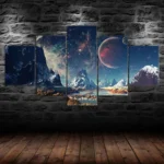 Stunning multi-panel wall art depicting a cosmic landscape with mountains, planets, and stars, perfect for science-themed decor.