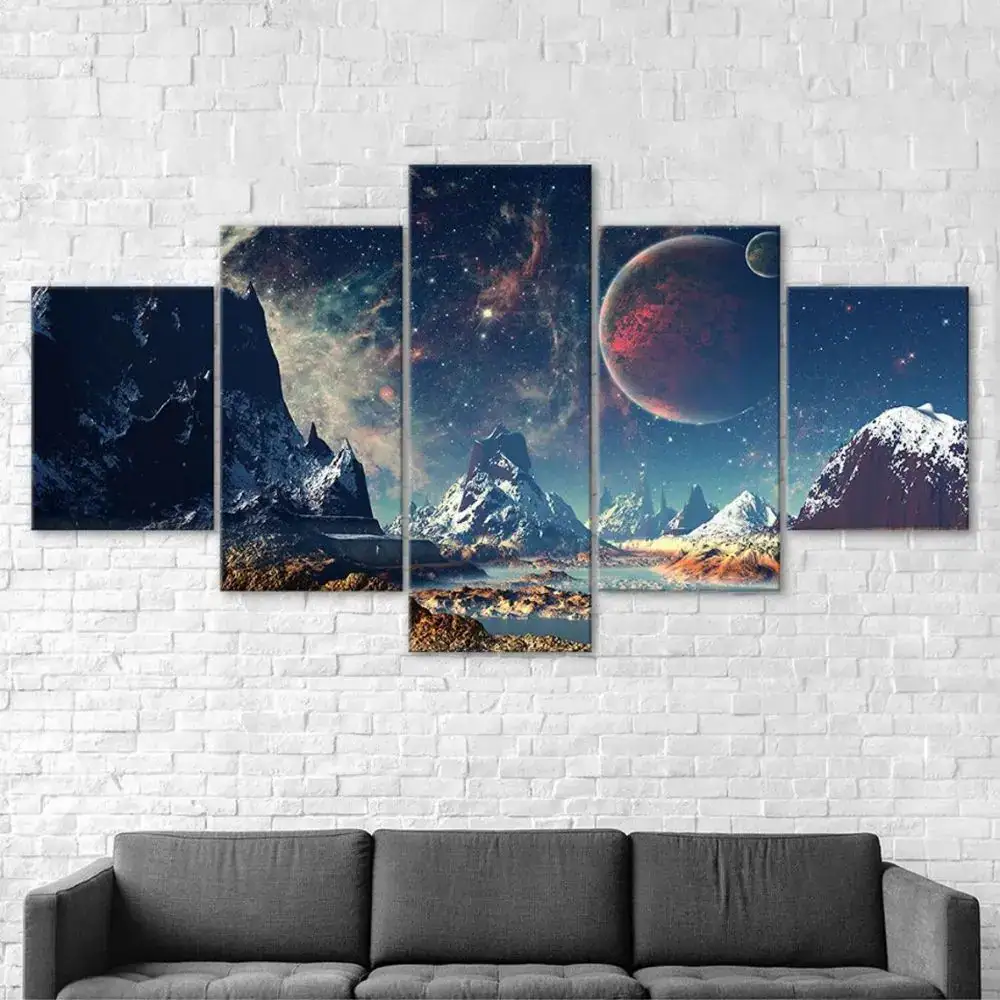 Science Gadgets Wall Art - Space Landscape Multi-panel space landscape wall art featuring mountains, stars, and planets, perfect for science decor and educational settings.