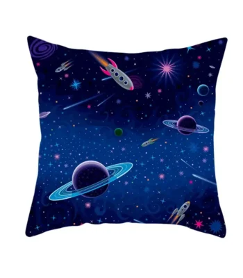 Space galaxy pillow featuring rockets, planets, and stars in a vibrant cosmic design.