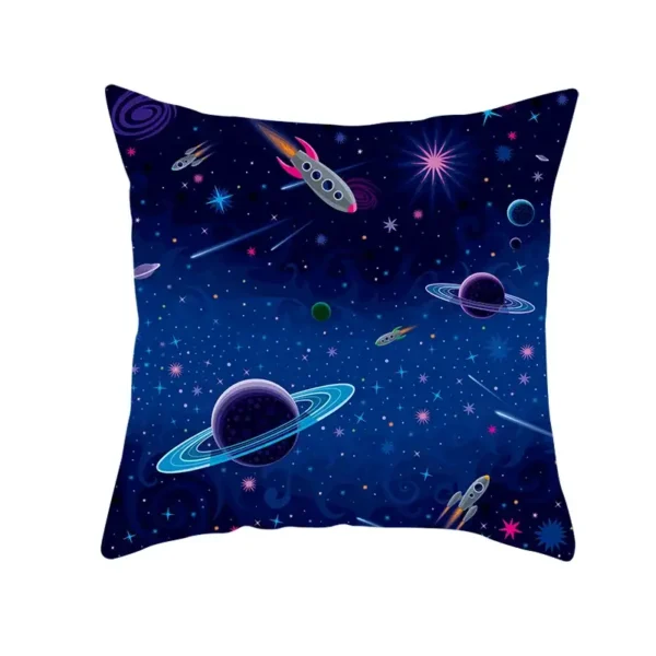 Space galaxy pillow featuring rockets, planets, and stars in a vibrant cosmic design.