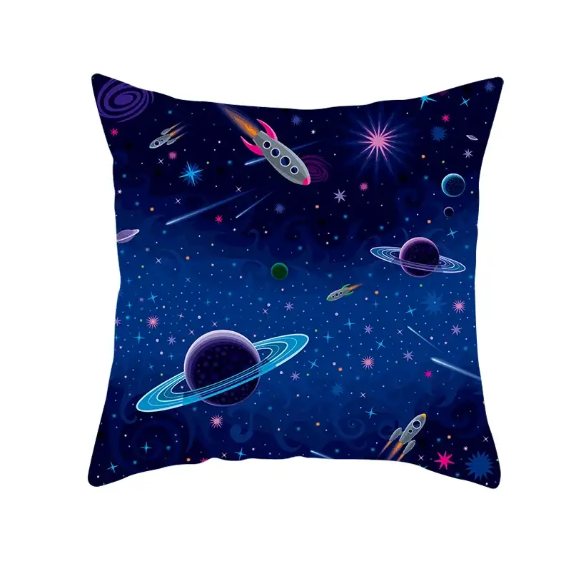 Space-themed galaxy pillow with rockets and planets Space galaxy pillow featuring rockets, planets, and stars in a vibrant cosmic design.