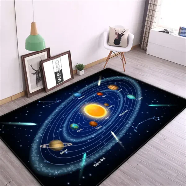 Solar system educational rug with planets and orbits, perfect for space-themed decor and educational purposes.