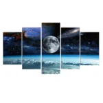A stunning space-themed image featuring the moon, stars, and cosmic clouds viewed from Earth's atmosphere, perfect for science decor and educational displays.