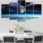 Modern multi-panel wall art featuring a detailed moon and galaxy scene, perfect for space enthusiasts and adding a cosmic touch to any room.