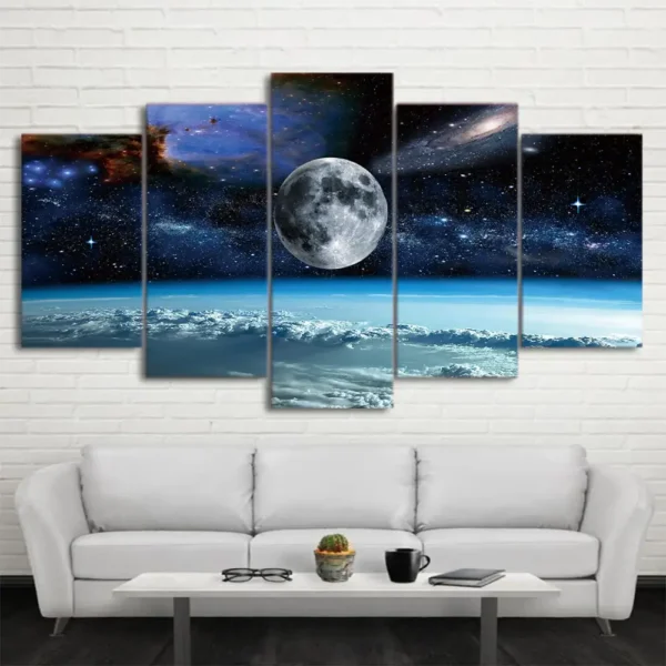 Stunning multi-panel wall art featuring the moon, stars, and galaxy view over Earth, perfect for science decor and educational spaces.