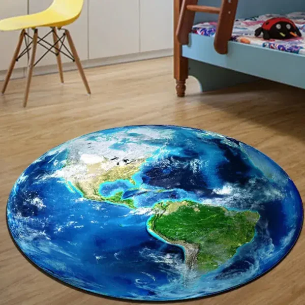 Round Earth globe rug featuring detailed continents and oceans, perfect for children's bedrooms or play areas.