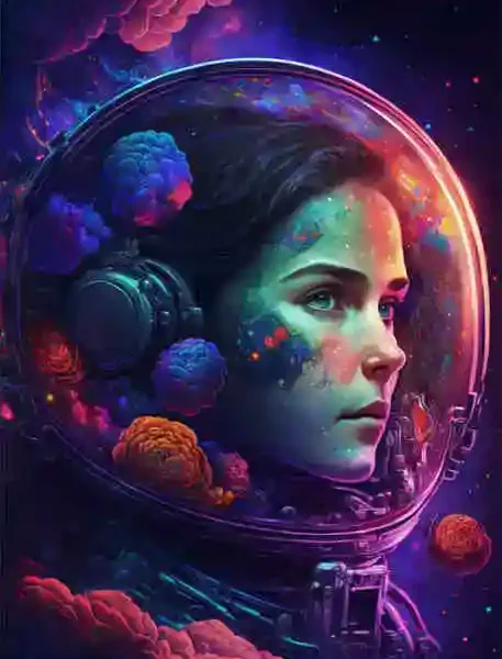 A vibrant digital artwork of a woman in an astronaut helmet surrounded by colorful planets and nebulae, blending science and art in a cosmic scene.