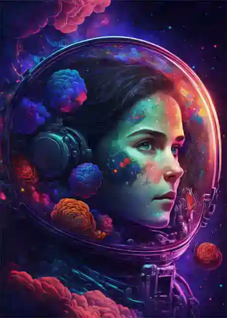 Science Gadgets | Science Decor & Educational Toys Shop A vibrant digital artwork of a woman in an astronaut helmet surrounded by colorful planets and nebulae, blending science and art in a cosmic scene.