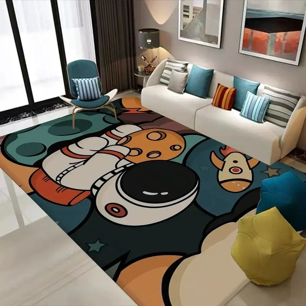 Colorful Space-Themed Children's Rug in Living Room Bright space-themed children's rug with planets, stars, and astronaut motifs in a modern living room setting.