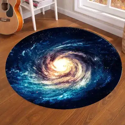 A round space-themed rug featuring a detailed galaxy spiral design with vibrant colors, perfect for science decor or educational settings.