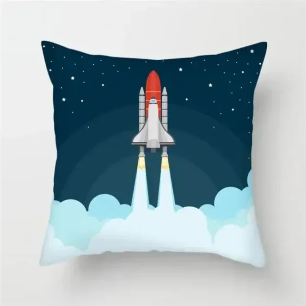 Decorative pillow featuring a space-themed rocket launch design with a spaceship ascending into a starry night sky. Perfect for science enthusiasts and educational decor.