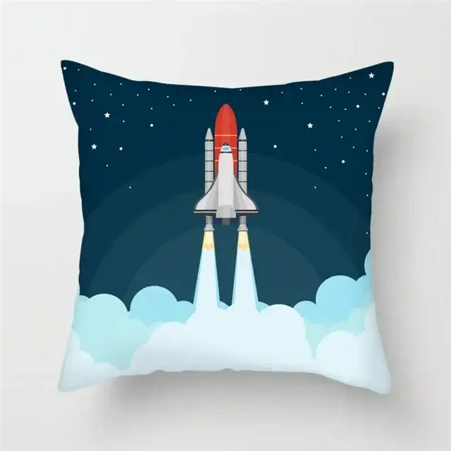 Rocket Launch Space Pillow Decorative pillow featuring a space-themed rocket launch design with a spaceship ascending into a starry night sky. Perfect for science enthusiasts and educational decor.