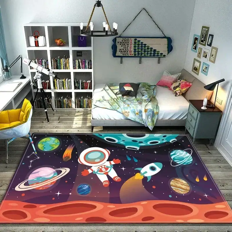 Space-themed educational rug with planets, stars, and an astronaut illustration. A vibrant space-themed rug featuring planets, stars, and an astronaut, perfect for a science-themed room or educational setting.