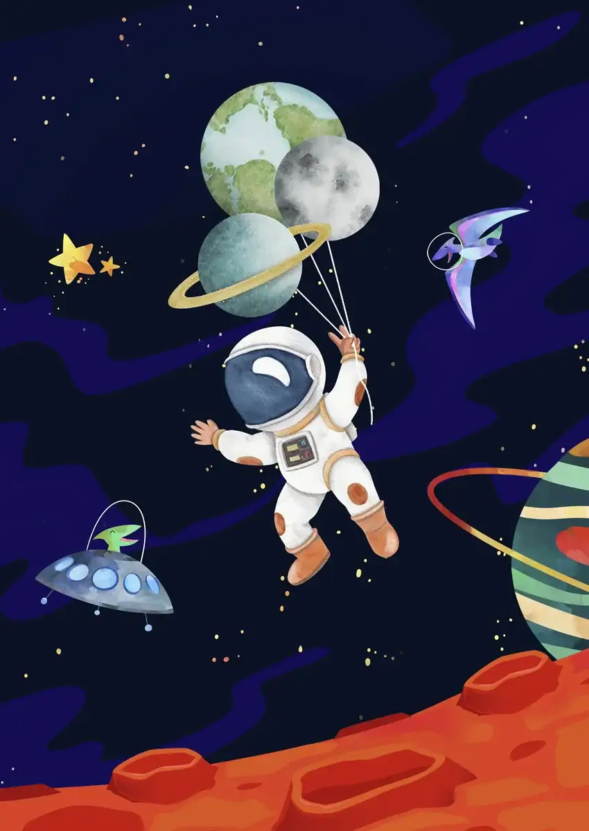 Space Explorer Astronaut with Planets and UFOs in Outer Space An animated astronaut floating in space surrounded by planets, UFOs, and stars, illustrating space exploration and celestial bodies for educational and decorative purposes.