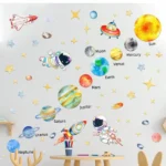 Vibrant solar system wall decal featuring planets, astronauts, and rockets, perfect for educational decor and inspiring children's curiosity about space.