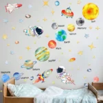 Vibrant space-themed wall decals featuring planets, astronauts, and rockets to create an educational and fun atmosphere in children's bedrooms or play areas.