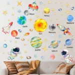 Vibrant space-themed wall decal featuring planets, moons, and rockets, perfect for children's bedrooms or educational spaces to inspire curiosity about the solar system.