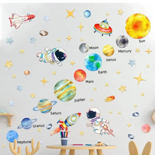 Vibrant solar system wall decal featuring planets, astronauts, and rockets, perfect for educational decor and inspiring children's curiosity about space.