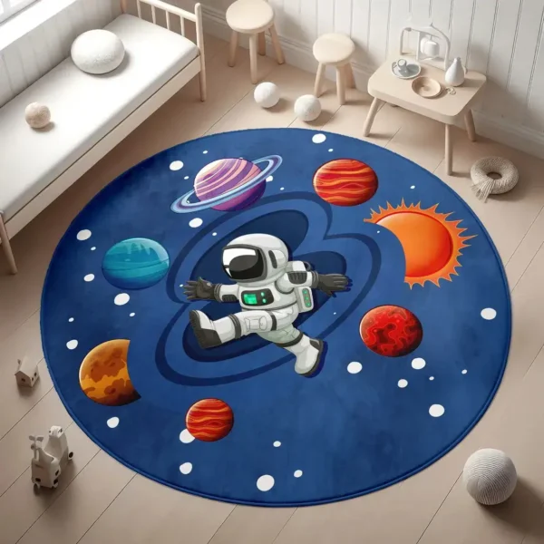 Astronaut rug featuring planets and stars, perfect for children's space-themed room decor and educational play areas.