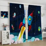 Space-themed rocket curtains for children's room decor.