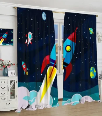 Space-themed rocket curtains for children's room decor.
