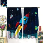 Brightly colored rocket ship and planets on a space-themed curtain for children's rooms.